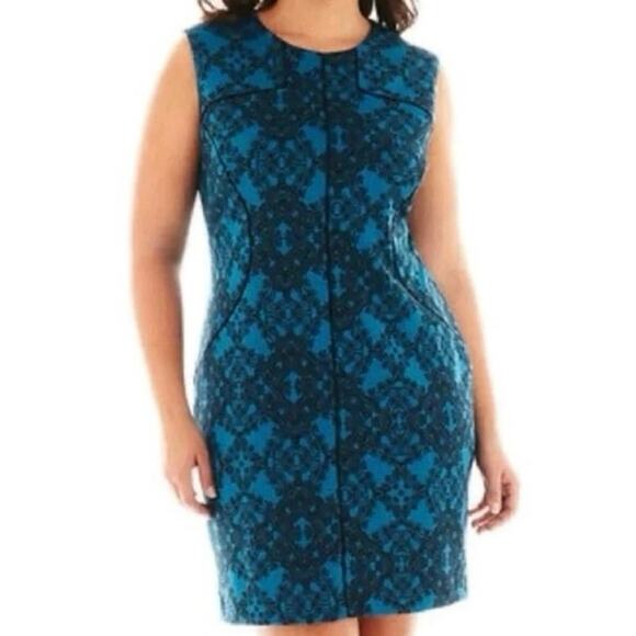 Worthington 2X Pencil Dress Teal Sleeveless Professional Lace Print Midi ! - Picture 4 of 8